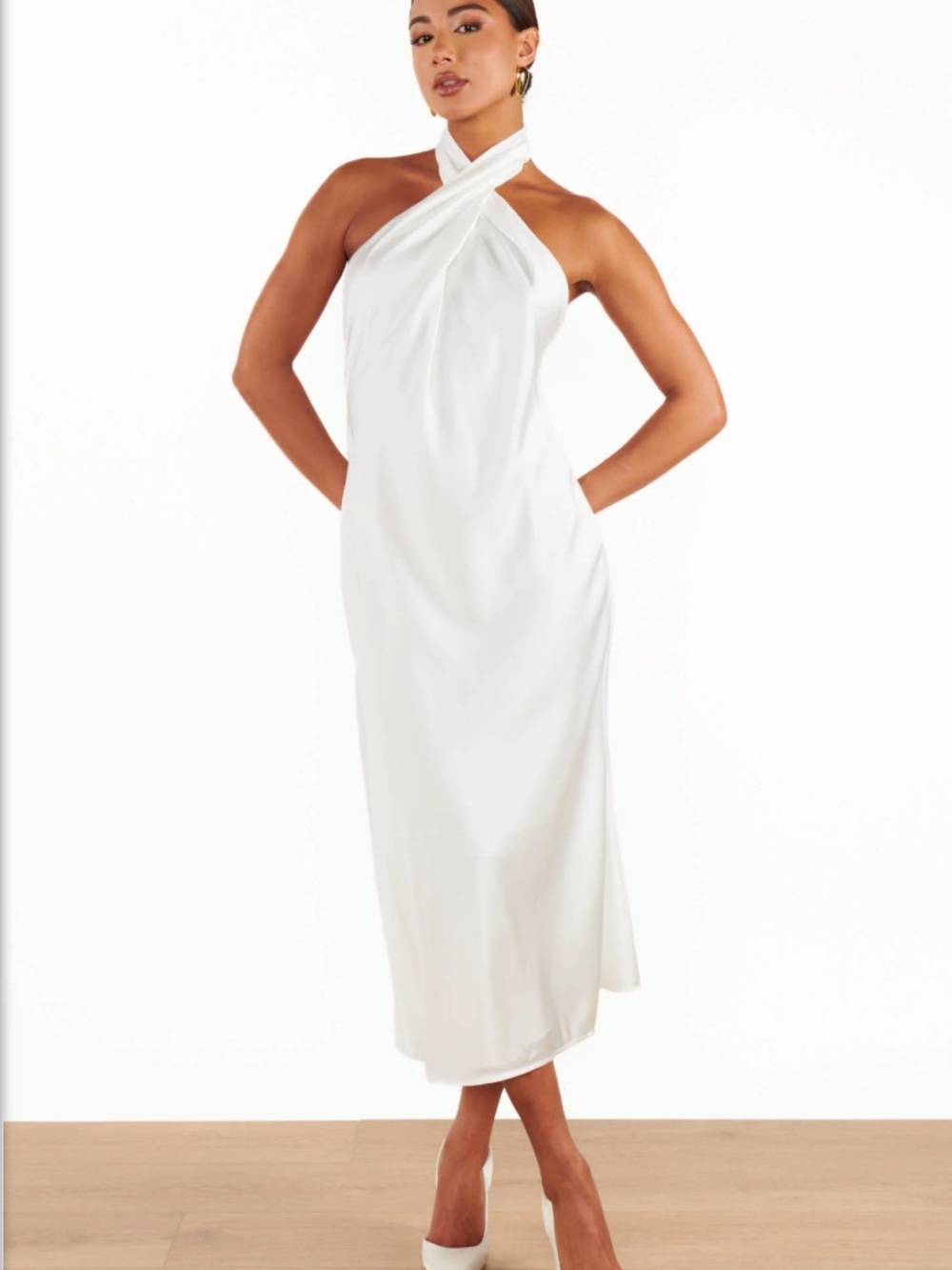 Jasmine Halter Midi Dress in Ivory Luxe Satin